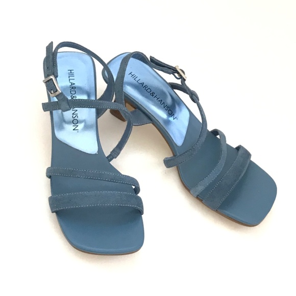 HILLARD & HANSON Kitten Heel Sandals Leather Maddi Heels Blue Women’s Size 6.5 - Picture 1 of 16